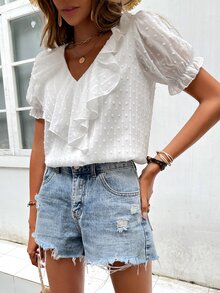 SHEIN LUNE Blusa de lunares ribete con fruncido de manga farol - Blanco - Ver 5