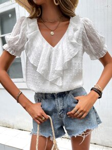 SHEIN LUNE Blusa de lunares ribete con fruncido de manga farol - Blanco - Ver 6