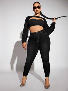 Plus High Waist Skinny Jeans - Black - View 1