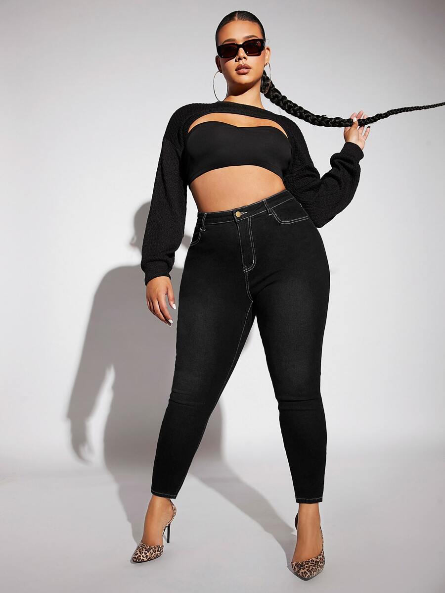 Plus High Waist Skinny Jeans - Black - View 1