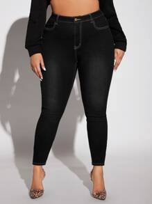 Plus High Waist Skinny Jeans - Black - View 4