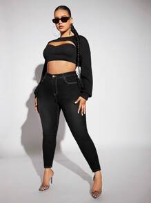 Plus High Waist Skinny Jeans - Black - View 5