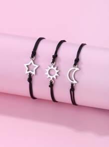 3pcs/set Cute Zinc Alloy Sun, Moon, & Star Shaped Black Wax Cord Braided Bracelets For Girls, Suitable For Daily Wear