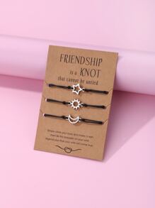 3pcs/set Cute Zinc Alloy Sun, Moon, & Star Shaped Black Wax Cord Braided Bracelets For Girls, Suitable For Daily Wear