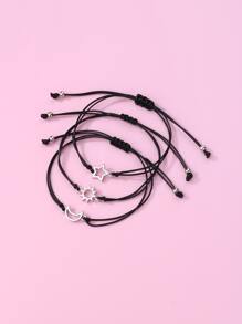 3pcs/set Cute Zinc Alloy Sun, Moon, & Star Shaped Black Wax Cord Braided Bracelets For Girls, Suitable For Daily Wear
