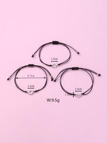 3pcs/set Cute Zinc Alloy Sun, Moon, & Star Shaped Black Wax Cord Braided Bracelets For Girls, Suitable For Daily Wear