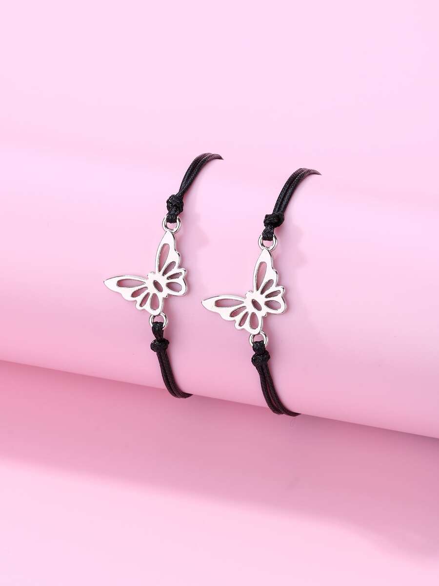 2pcs Girls Butterfly Decor Bracelet - Black and White - View 1