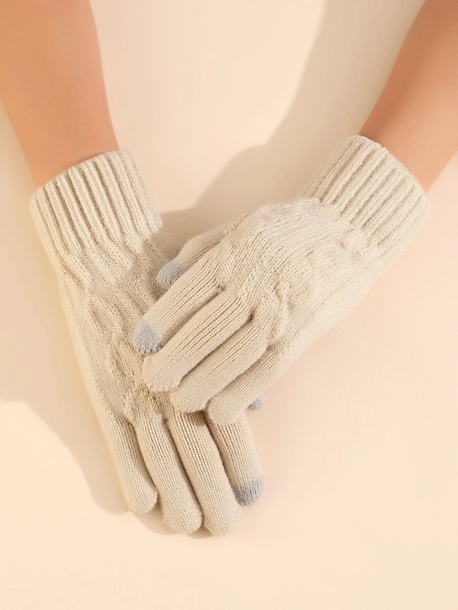 Two Tone Knit Gloves - Beige - View 1