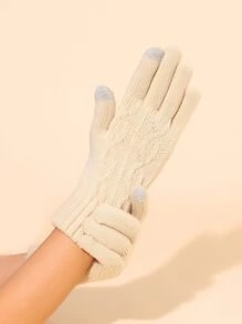 Two Tone Knit Gloves - Beige - View 2