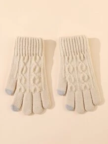Two Tone Knit Gloves - Beige - View 3