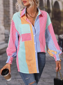 SHEIN LUNE 彩色條紋印花落肩袖襯衫 - 彩色 - 查看 1
