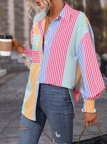 SHEIN LUNE 彩色條紋印花落肩袖襯衫 - 彩色 - 查看 4