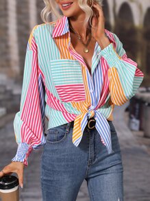 SHEIN LUNE 彩色條紋印花落肩袖襯衫 - 彩色 - 查看 5