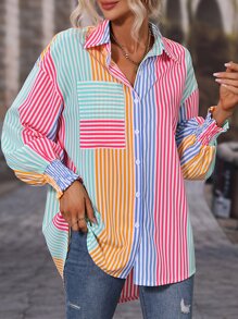 SHEIN LUNE 彩色條紋印花落肩袖襯衫 - 彩色 - 查看 6