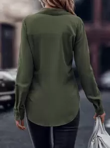 EMERY ROSE Solid Curved Hem Shirt,Long Sleeve Tops Fall Cloth For Women - Army Green - View 2