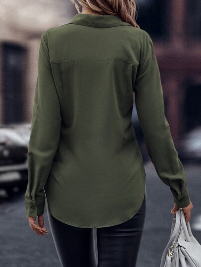 Wandoria Solid Curved Hem Shirt,Long Sleeve Tops Fall Cloth For Women