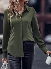 EMERY ROSE Solid Curved Hem Shirt,Long Sleeve Tops Fall Cloth For Women - Army Green - View 3