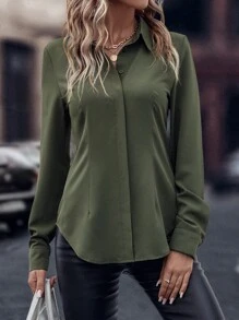 EMERY ROSE Solid Curved Hem Shirt,Long Sleeve Tops Fall Cloth For Women - Army Green - View 4