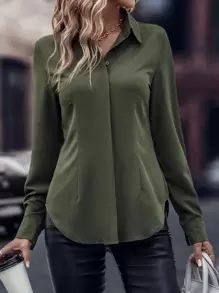 EMERY ROSE Solid Curved Hem Shirt,Long Sleeve Tops Fall Cloth For Women - Army Green - View 5