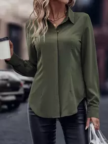 EMERY ROSE Solid Curved Hem Shirt,Long Sleeve Tops Fall Cloth For Women - Army Green - View 6