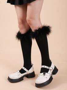 Calcetines altos ribete lanudo - Negro - Ver 1