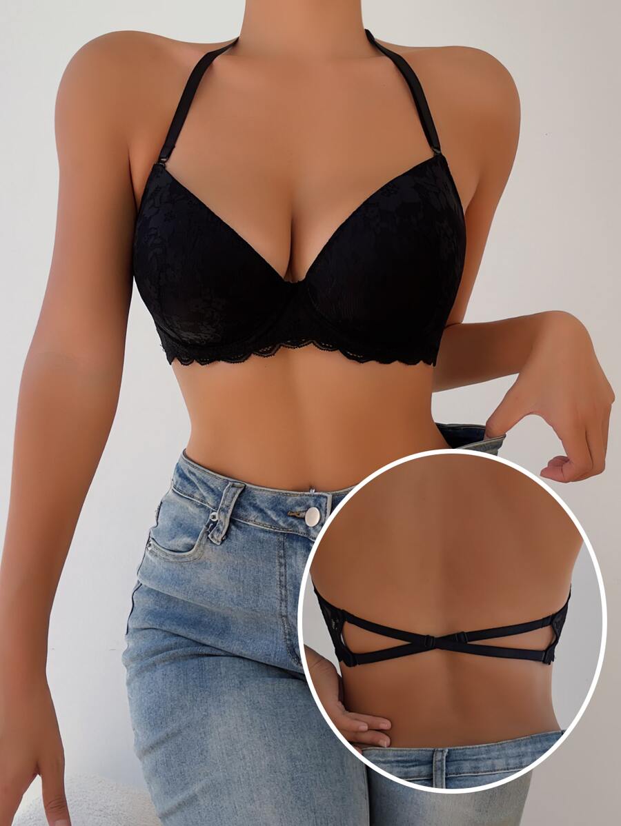 後背十字交叉鋼圈胸罩 - 黑色 - 查看 1