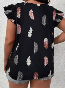 SHEIN LUNE Plus Feather Print Contrast Guipure Lace Butterfly Sleeve Blouse - Black - View 2