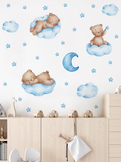 1pc Bear & Moon Pattern Wall Sticker, Stickers, Wall Decal, Vinyl Decal For Home Decorations, Spring Decoration Items Refresh Your Home, Festival Decoration Stickers Gifts Birthday Graduation Back To School Room Decor School Supplies