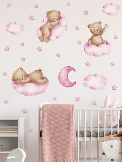 1pc Bear & Star Pattern Wall Sticker, Cartoon PVC Animal Print Wall Decal For Home Decoration, Stickers, Wall Decal, Vinyl Decal For Home Decorations, Spring Decoration Items Refresh Your Home, Rama Decoration Stickers Gifts Birthday Graduation
