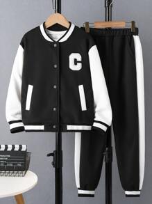 Girls Letter Patched Striped Trim Bomber Jacket & Joggers - Black - View 1
