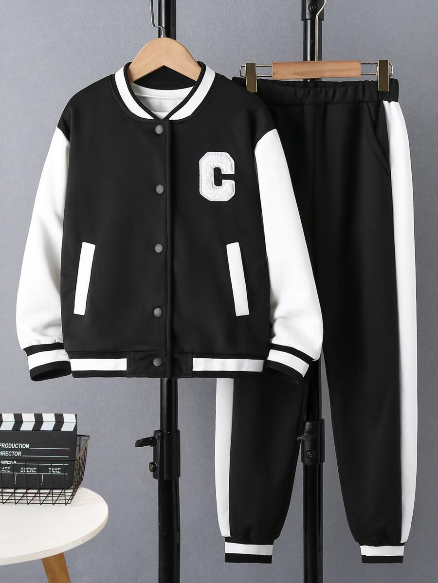 Girls Letter Patched Striped Trim Bomber Jacket & Joggers - Black - View 1