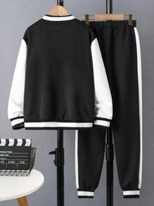 Girls Letter Patched Striped Trim Bomber Jacket & Joggers - Black - View 2