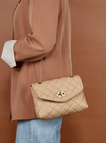 Quilted Turn-lock Flap Chain Square Bag - Khaki - View 2