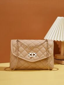 Quilted Turn-lock Flap Chain Square Bag - Khaki - View 3