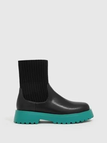 Ribbed Detail Slip On Sock Boots - Black - View 6