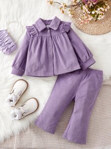 Baby Girl Ruffle Trim Button Front Jacket & Flare Leg Pants - Violet Purple - View 1