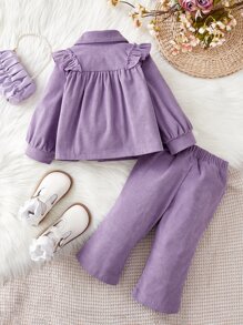 Baby Girl Ruffle Trim Button Front Jacket & Flare Leg Pants - Violet Purple - View 2