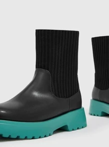 Ribbed Detail Slip On Sock Boots - Black - View 4