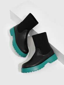 Ribbed Detail Slip On Sock Boots - Black - View 5