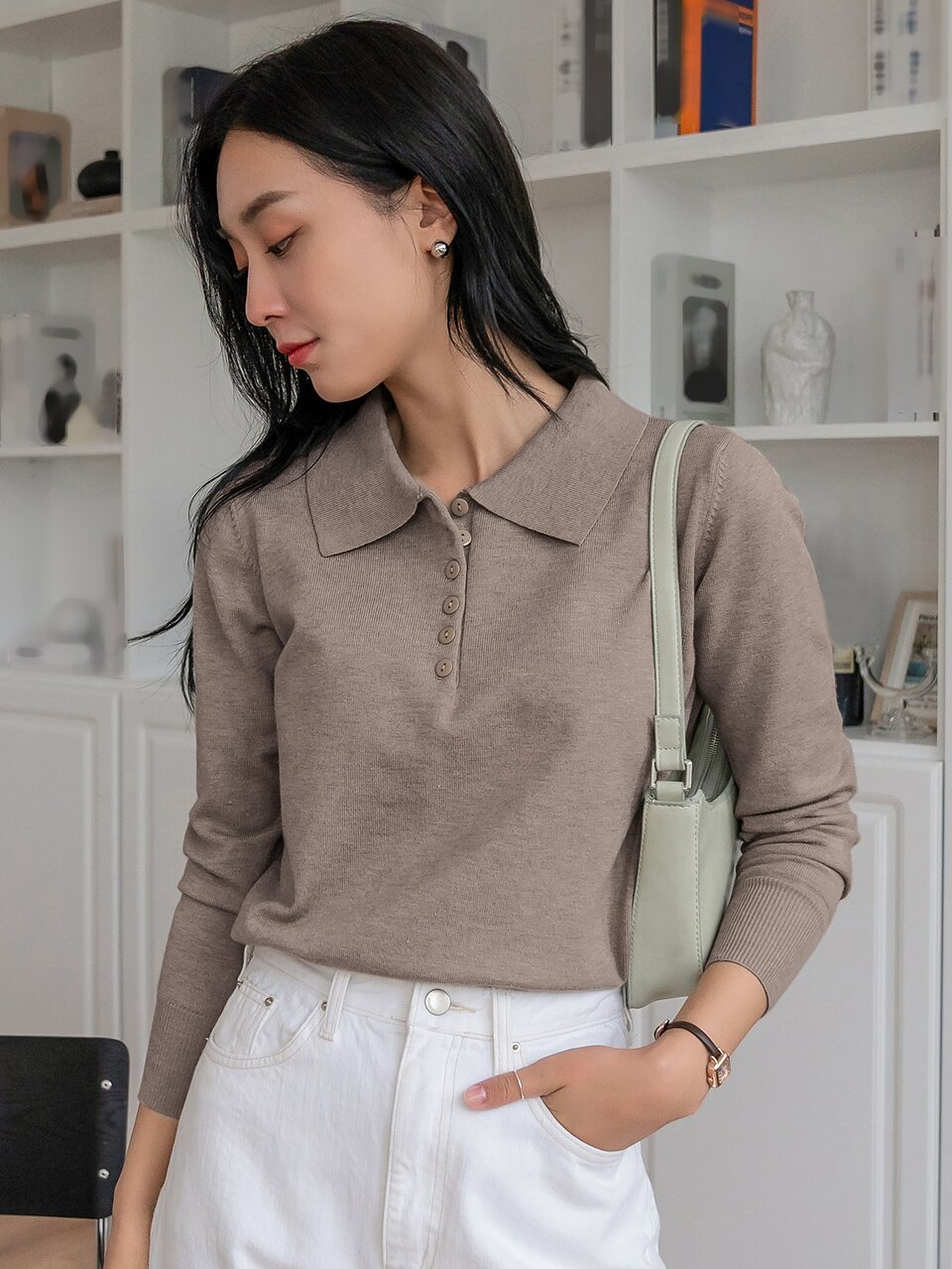 Polo Neck Ribbed Knit Sweater