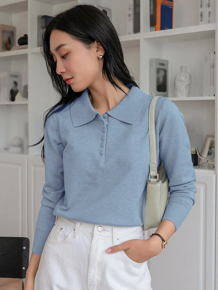 DAZY 女士纯色 Polo 领长袖商务休闲毛衣，秋冬，长袖上衣，返校服装，秋季女装 - 淺藍色 - 查看 5
