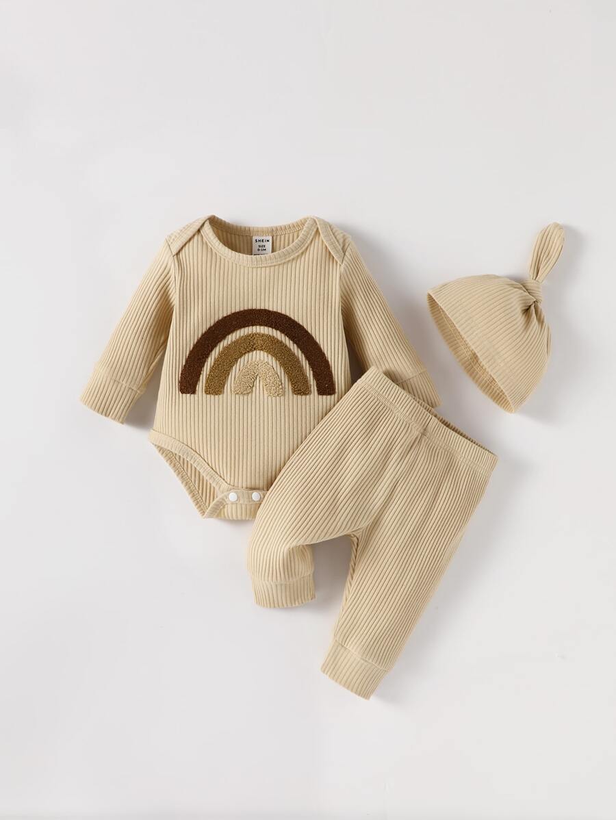 男嬰彩虹補丁貼連體衣和運動褲 - 卡其色 - 查看 1
