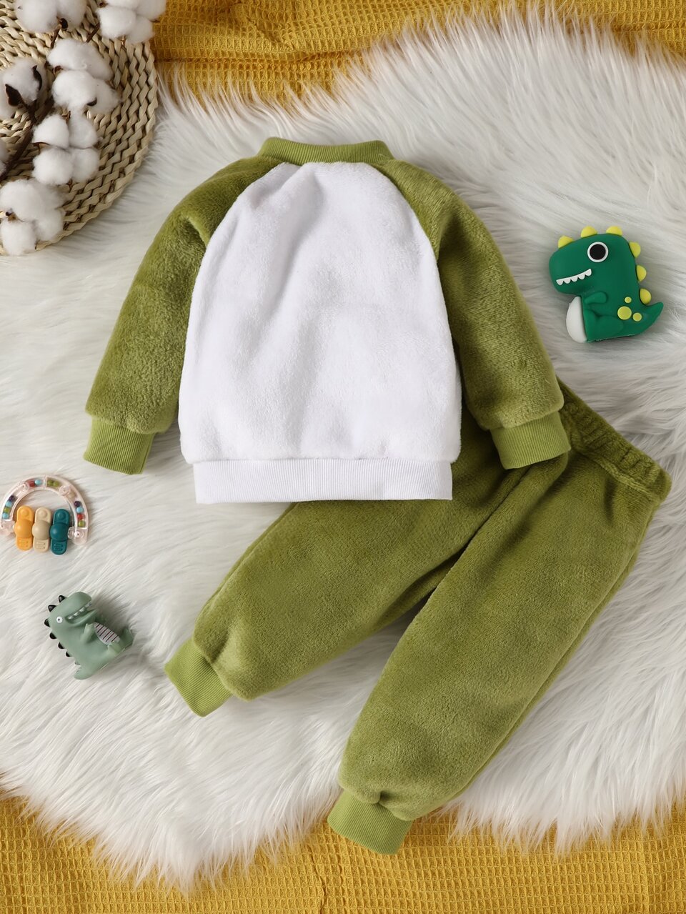 Baby Boy Dinosaur Embroidery Colorblock Raglan Sleeve Teddy Sweatshirt With Pants