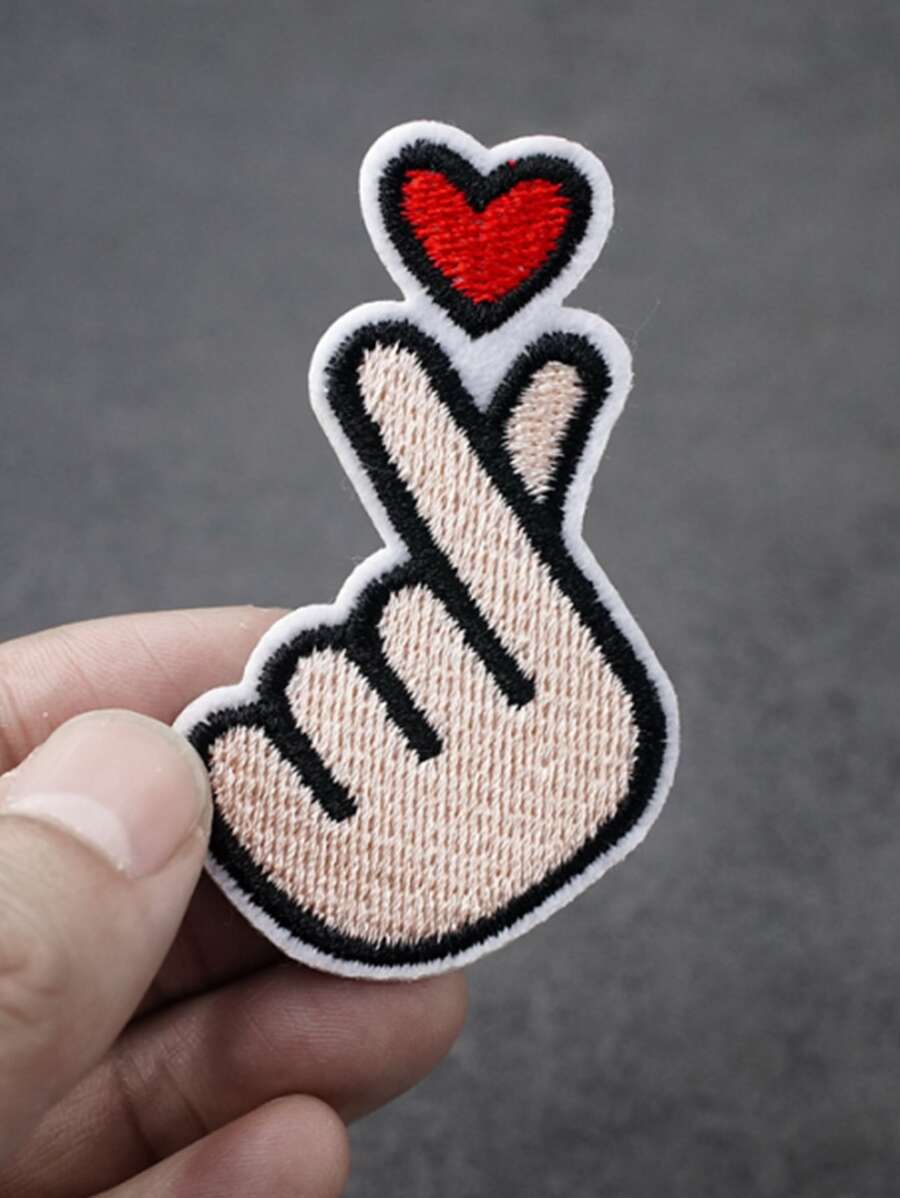 1pc Heart & Gesture Embroidered Iron-on Patch, Creative Polyester Patch For Clothing
