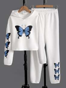 SHEIN 少女蝴蝶印花下垂肩連帽衫和運動長褲 - 白色 - 查看 1