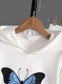SHEIN 少女蝴蝶印花下垂肩連帽衫和運動長褲 - 白色 - 查看 4