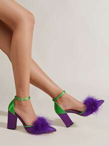 Chicken Feather Satin Point Toe Chunky Heeled Ankle Strap Pumps