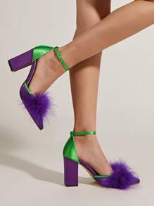 Chicken Feather Satin Point Toe Chunky Heeled Ankle Strap Pumps