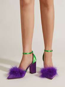 Chicken Feather Satin Point Toe Chunky Heeled Ankle Strap Pumps