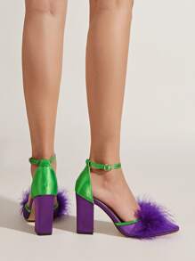 Chicken Feather Satin Point Toe Chunky Heeled Ankle Strap Pumps